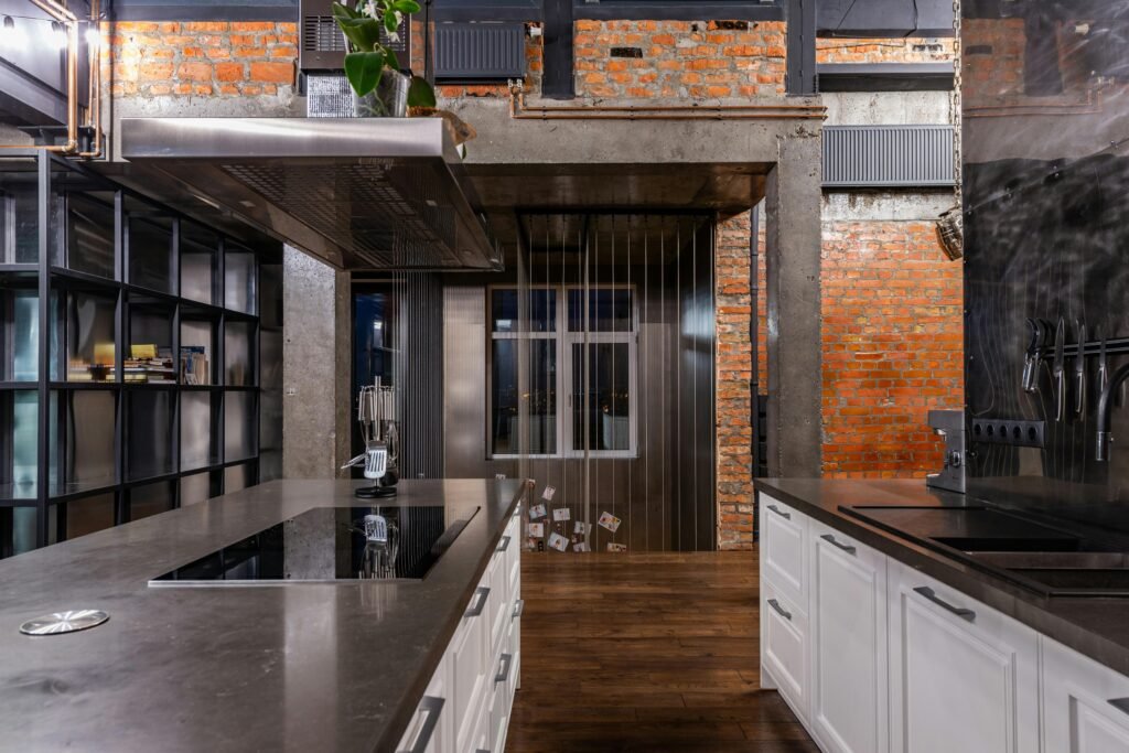 Industrial Loft Kitchen Exposed Brick and Metal